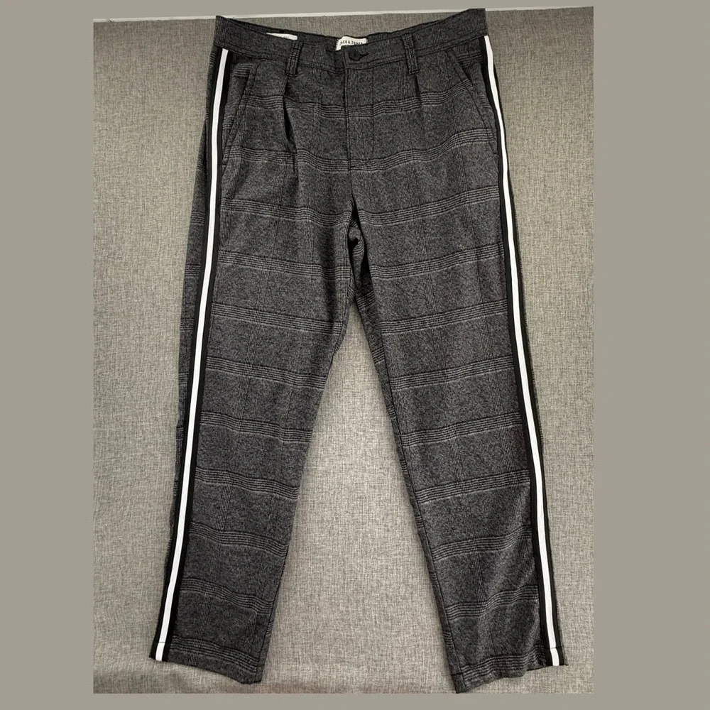 Mens Jack & Jones Plaid Pants Gray Black White Side Stripe Trousers 32x34 casual